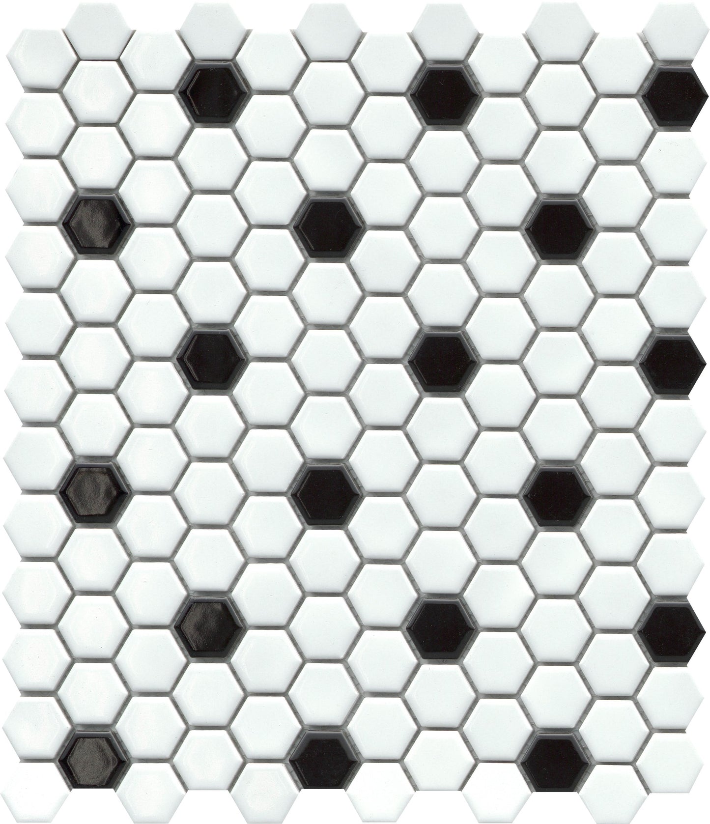 New York Cement Tile's White/Black - Influence Sample: retro hex mosaic with glossy finish and scattered black tiles.