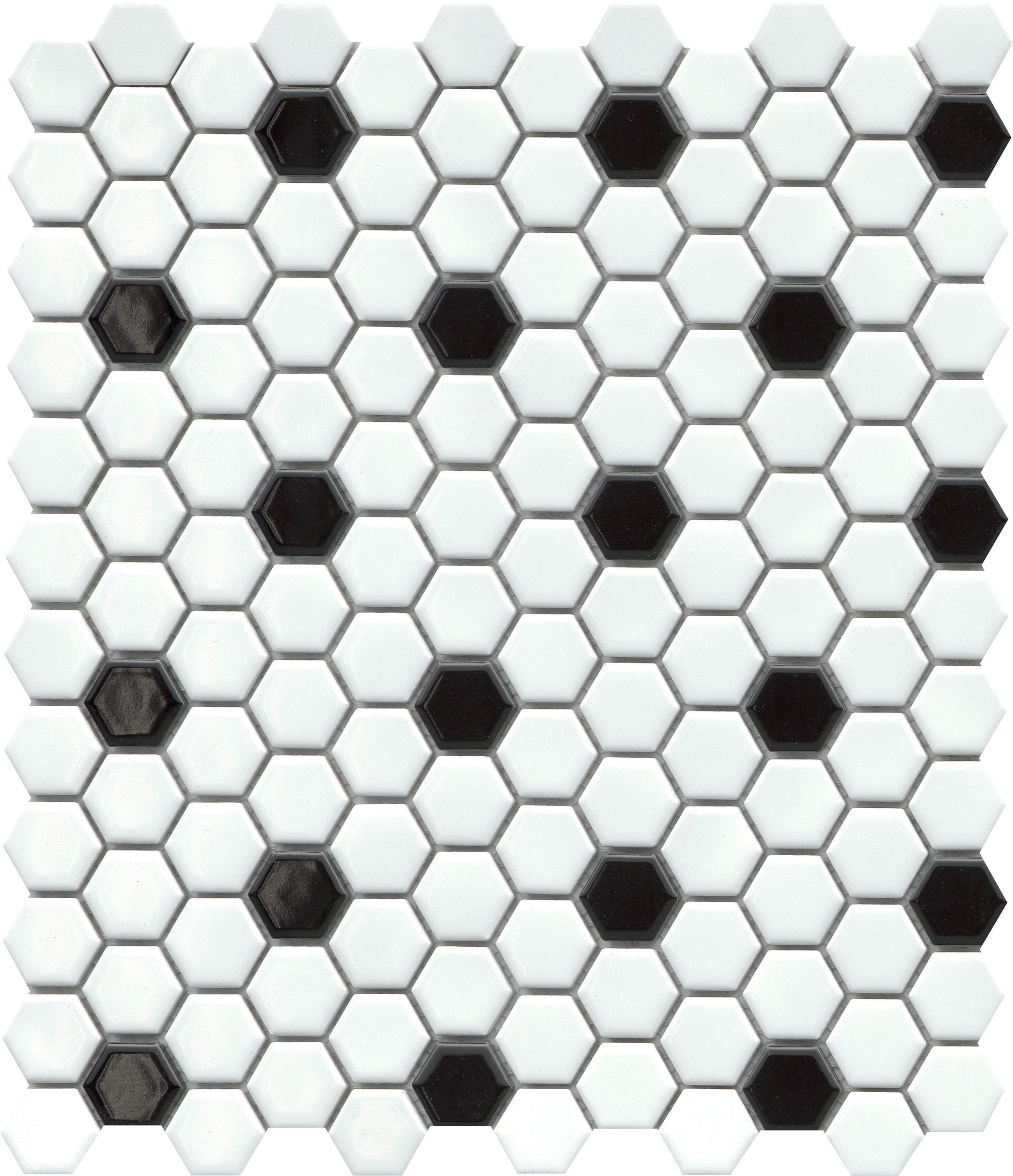 New York Cement Tile's White/Black - Influence Sample: retro hex mosaic with glossy finish and scattered black tiles.