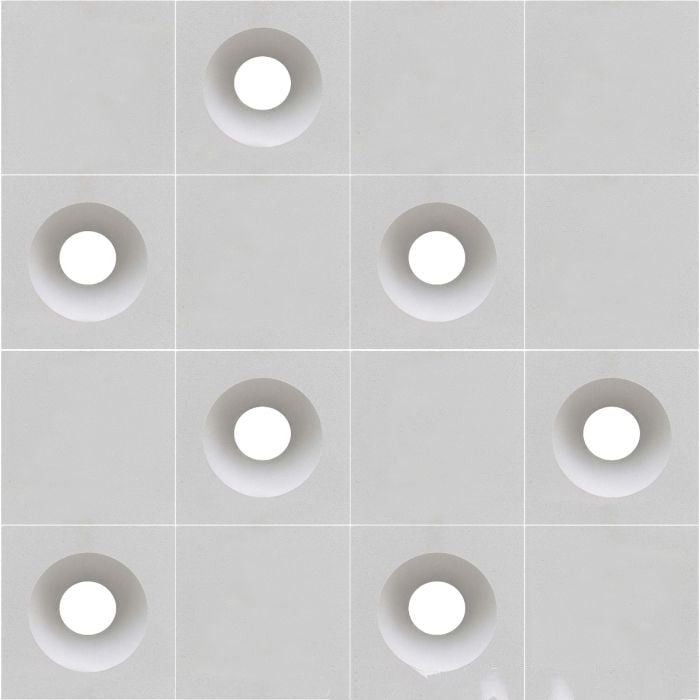 Windy Sixty-Five by New York Cement Tile features gray tiles with white indents, perfect for a mid-century modern look.
