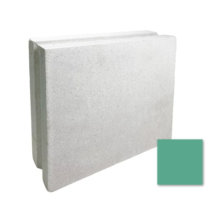 A light gray Windy Sixty-Five breeze block by New York Cement Tile stands upright, with a green swatch at lower right.